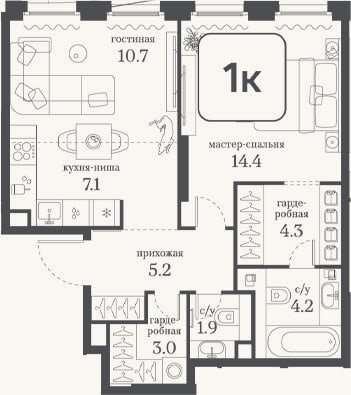Планировка: 1-к, 50,8 м²