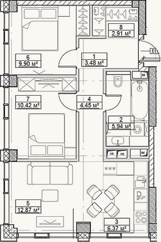 Планировка: 3-к, 56,3 м²