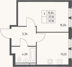 Планировка: 1-к, 37,1 м²