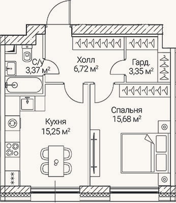 Планировка: 1-к, 44,4 м²