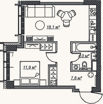 Планировка: 2-к, 41,9 м²