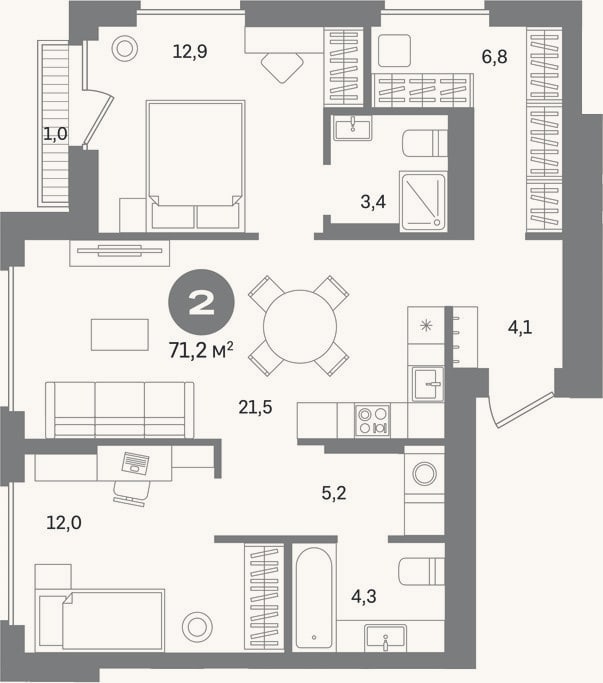 Планировка: 2-к, 70,2 м²