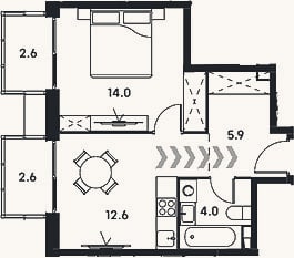 Планировка: 1-к, 36,5 м²