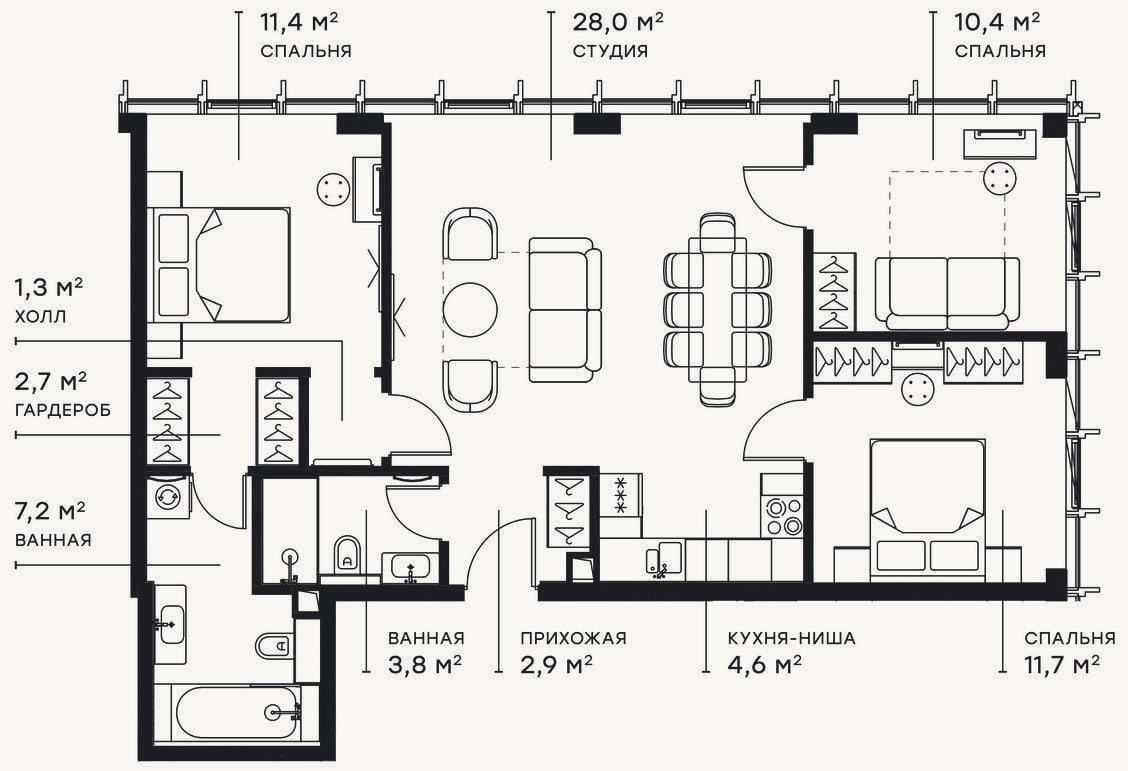 Планировка: 4+ к, 84 м²