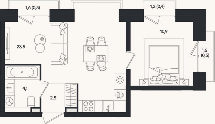Планировка: 2-к, 41 м²