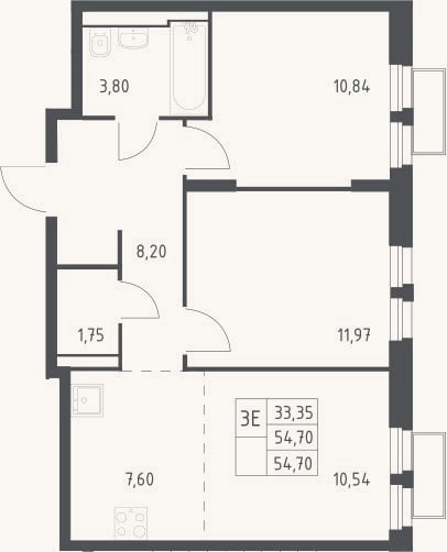 Планировка: 3-к, 54,7 м²
