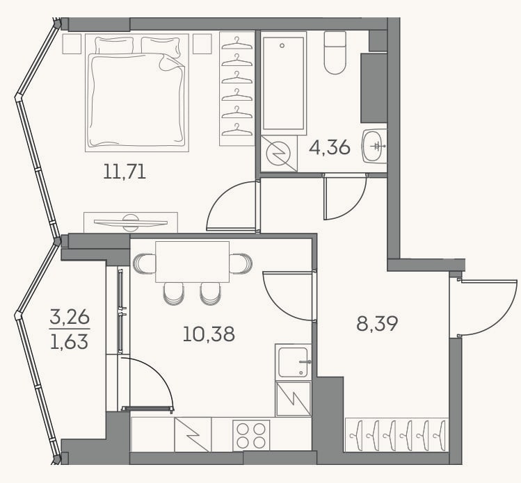Планировка: 1-к, 34,8 м²