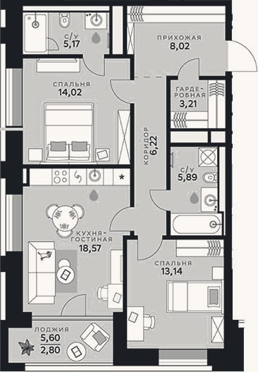 Планировка: 3-к, 74,2 м²