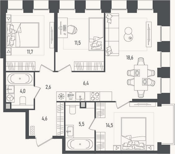 Планировка: 4+ к, 79,4 м²