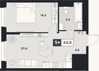Планировка: 1-к, 44,8 м²