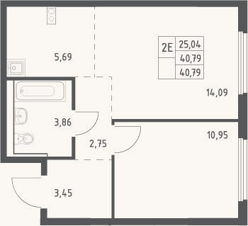Планировка: 2-к, 40,8 м²