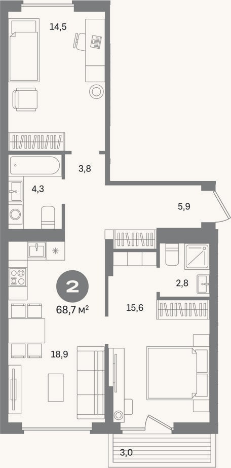 Планировка: 2-к, 65,7 м²