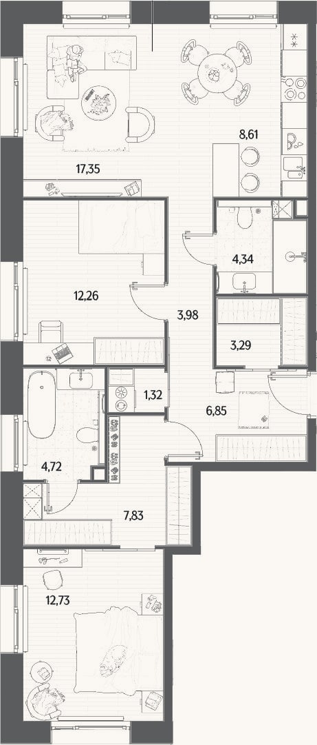 Планировка: 3-к, 83,3 м²