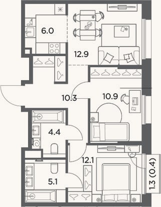 Планировка: 3-к, 61,7 м²