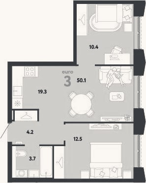 Планировка: 3-к, 50,1 м²