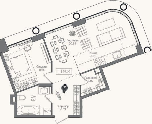 Планировка: 2-к, 54,6 м²