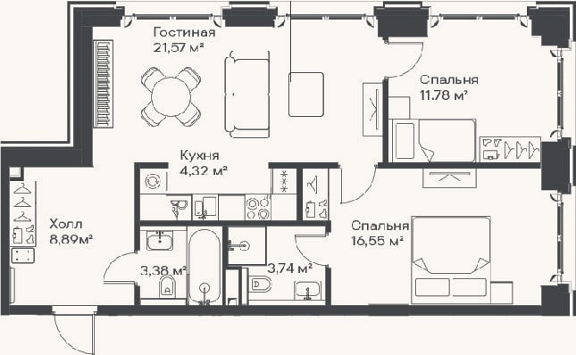 Планировка: 3-к, 70,2 м²
