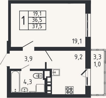 Планировка: 1-к, 36,5 м²