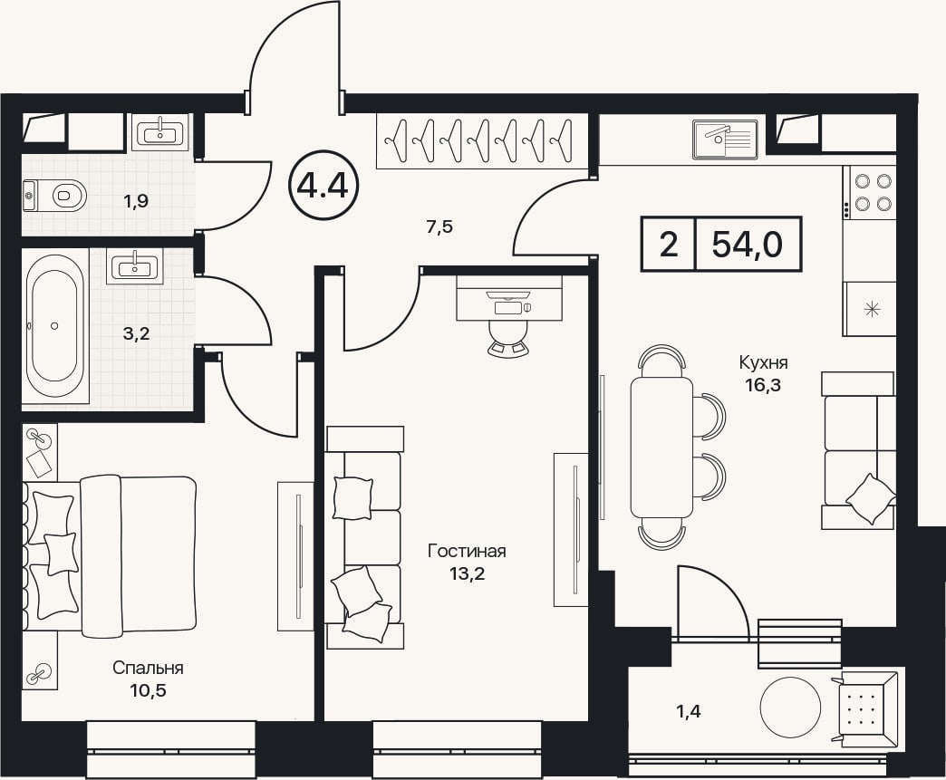 Планировка: 2-к, 52,6 м²