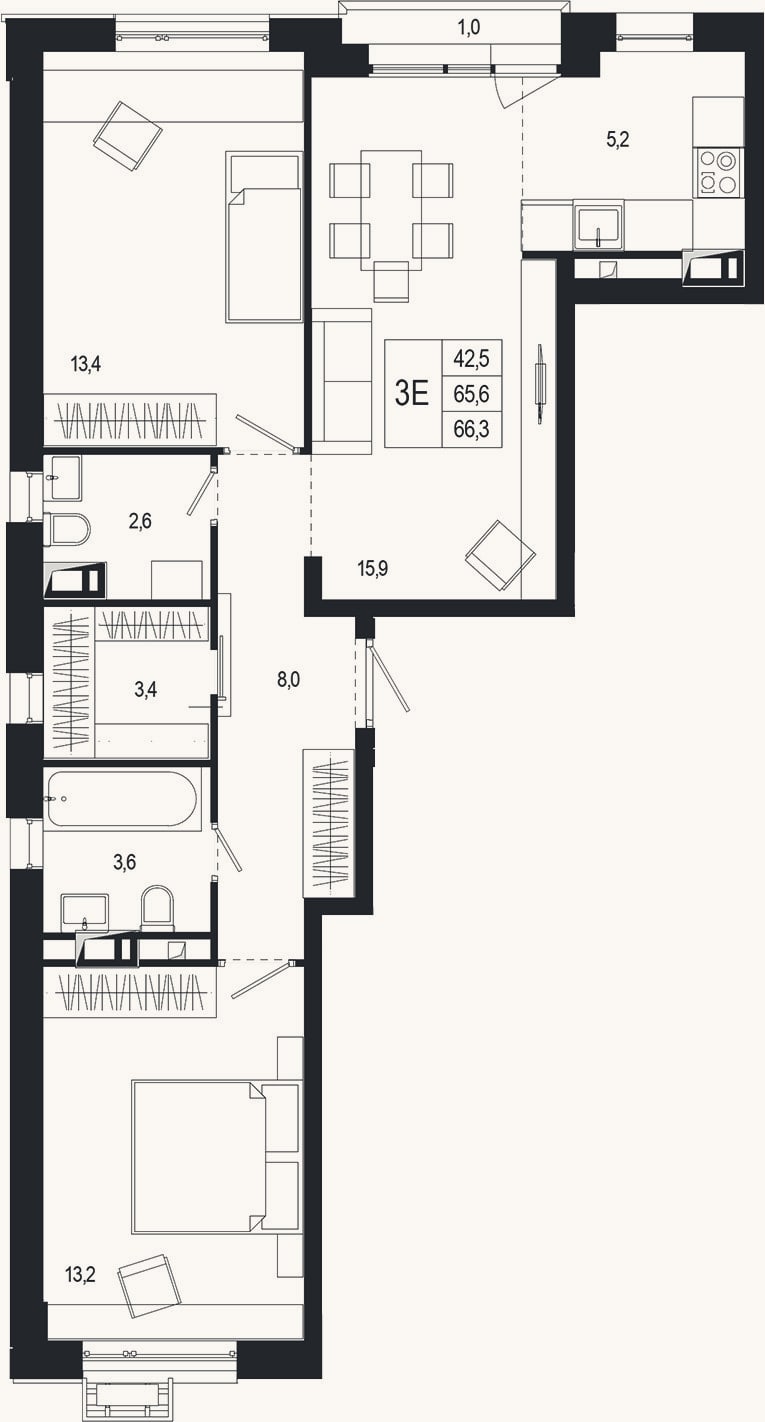 Планировка: 3-к, 68,4 м²