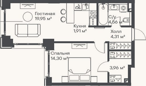 Планировка: 2-к, 49 м²