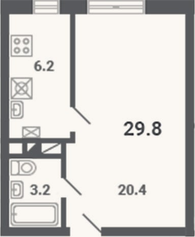 Планировка: 1-к, 29,8 м²