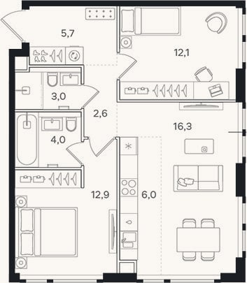 Планировка: 3-к, 62,6 м²