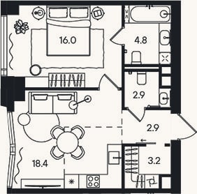 Планировка: 2-к, 48,2 м²