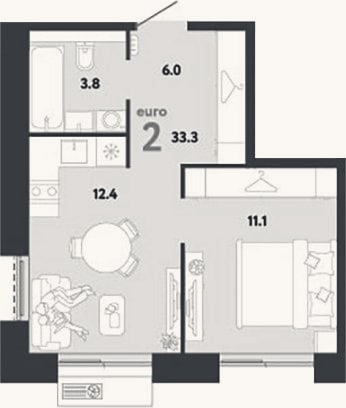 Планировка: 2-к, 33,3 м²