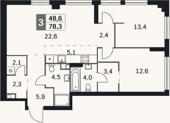 Планировка: 3-к, 78,3 м²