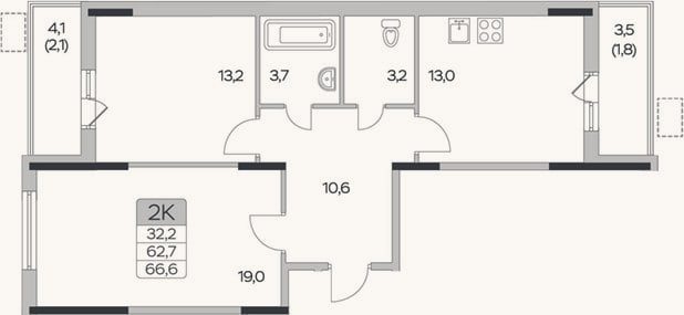 Планировка: 2-к, 62,7 м²