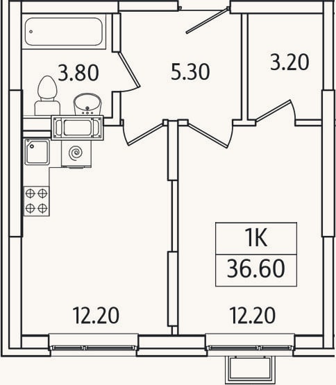 Планировка: 1-к, 36,6 м²