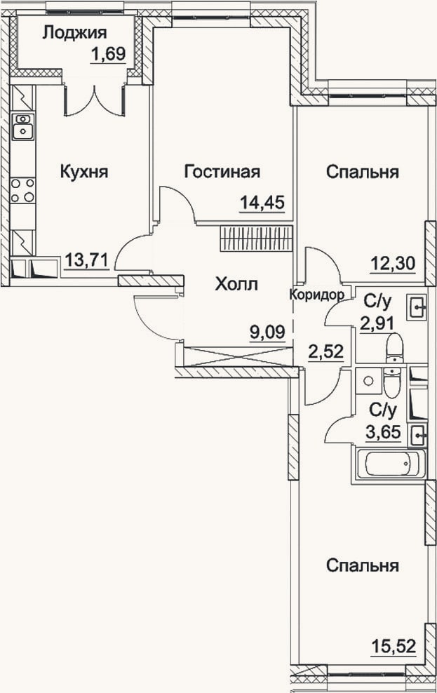 Планировка: 3-к, 74,2 м²