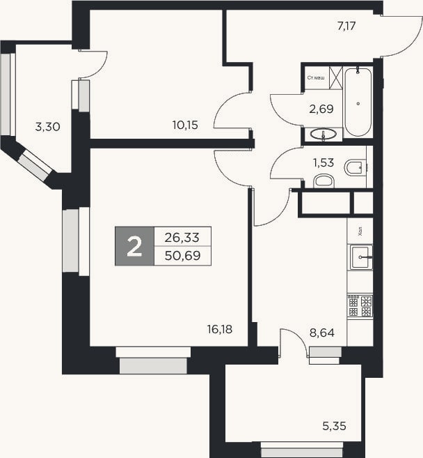 Планировка: 2-к, 46,4 м²