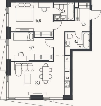 Планировка: 3-к, 65,9 м²