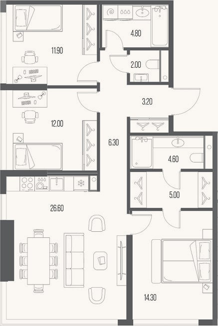 Планировка: 3-к, 90,7 м²