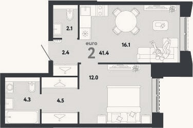 Планировка: 2-к, 41,4 м²