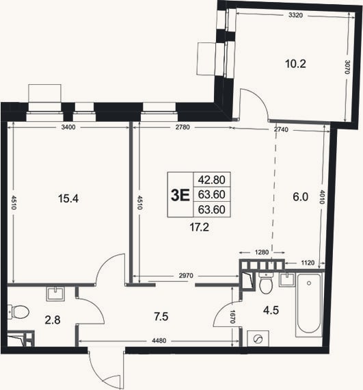Планировка: 3-к, 63,6 м²
