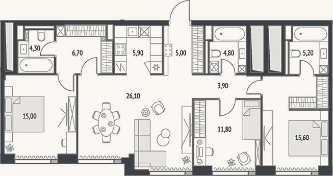 Планировка: 4+ к, 104,3 м²