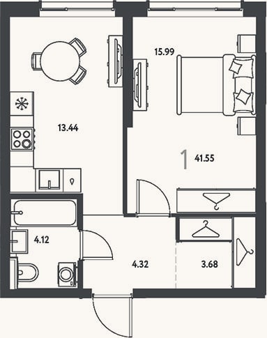 Планировка: 1-к, 41,6 м²