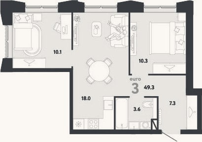 Планировка: 3-к, 49,3 м²