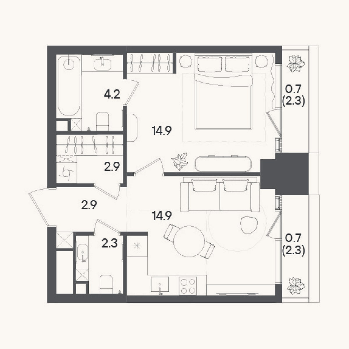 Планировка: 1-к, 42,1 м²