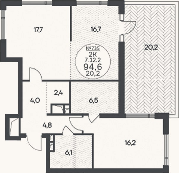 Планировка: 2-к, 74,4 м²