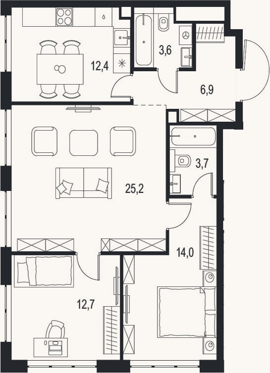 Планировка: 3-к, 78,5 м²