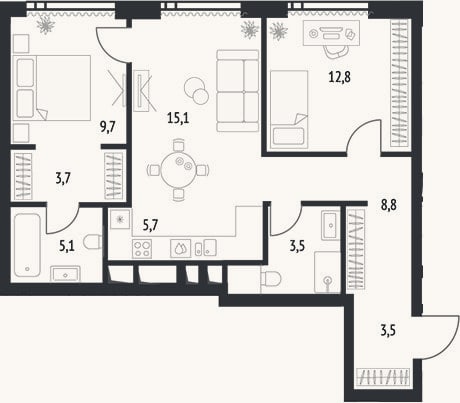 Планировка: 3-к, 66,8 м²