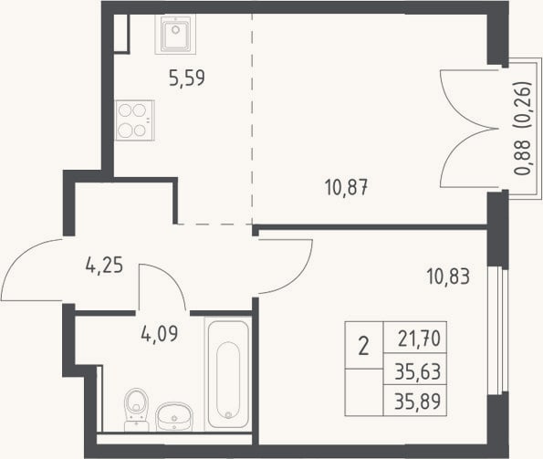 Планировка: 2-к, 35,6 м²