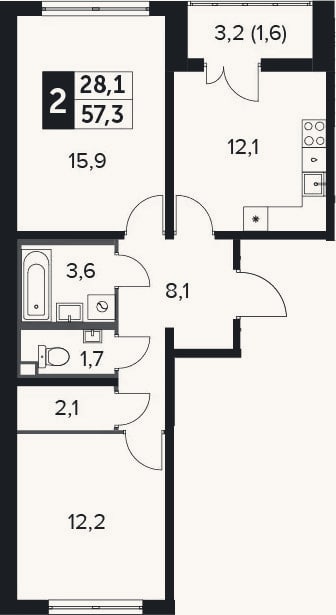 Планировка: 2-к, 56,7 м²