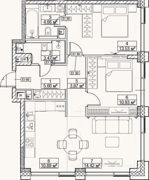 Планировка: 3-к, 67,5 м²