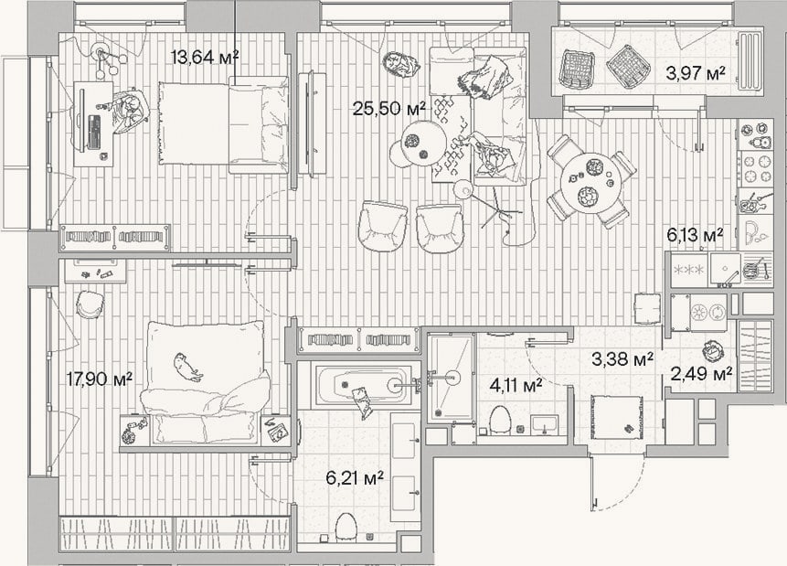 Планировка: 3-к, 79,4 м²