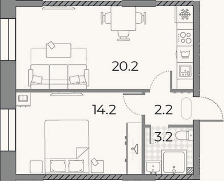 Планировка: 2-к, 39,8 м²